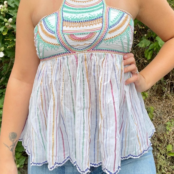 Anthro Tie Neck Itzel Halter Blouse w/ Stitching Details Small - Picture 3 of 5